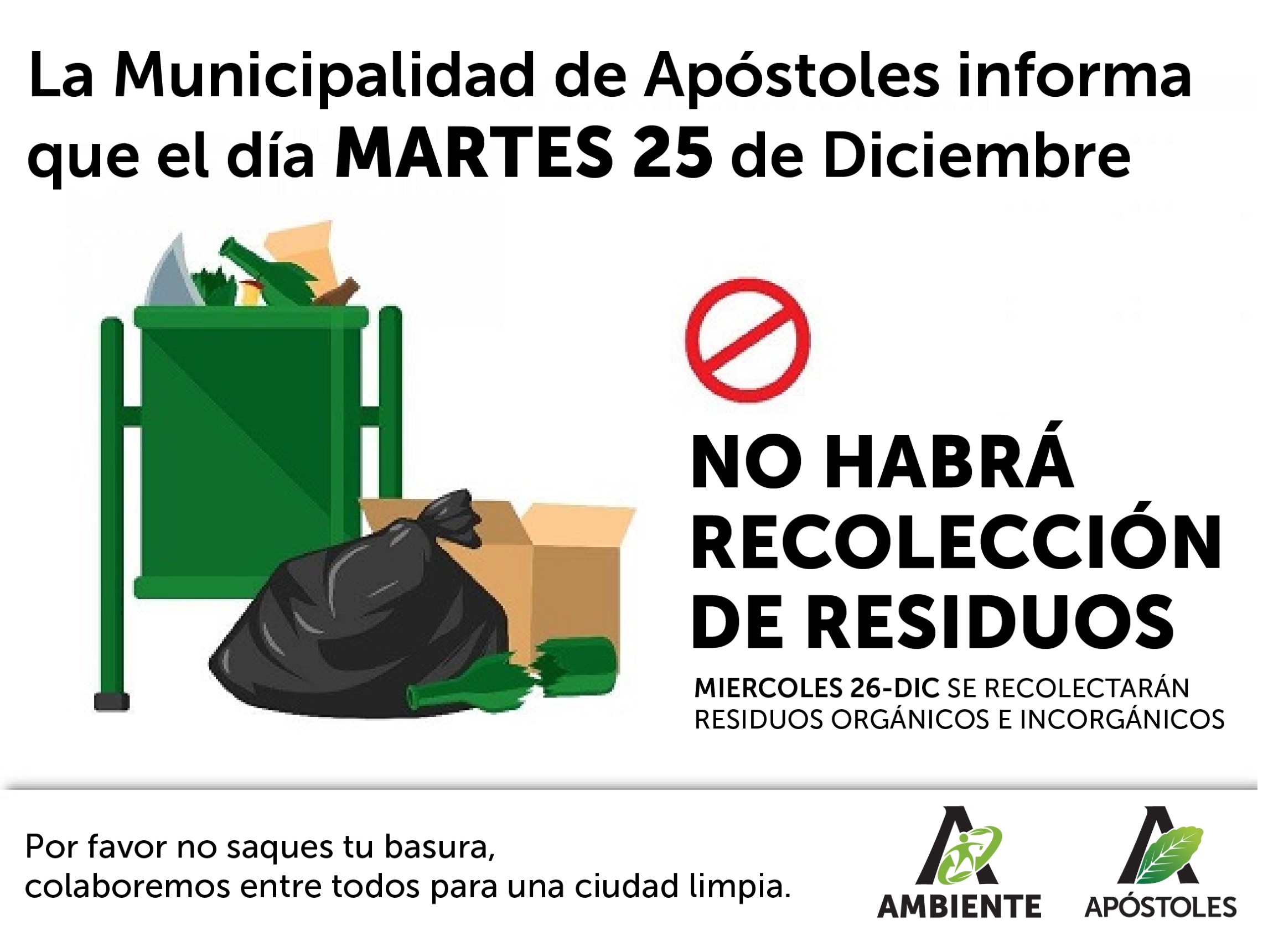 La Dirección de Ambiente comunica que el día lunes 24 de diciembre la recolección es  de residuos orgánicos